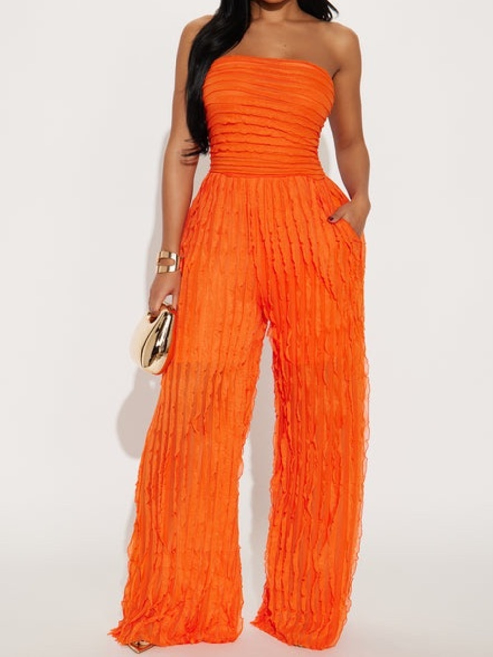 Love Sense Strapless Ruffle Maxi Jumpsuit Vibrant Orange Wide Leg | Size Small